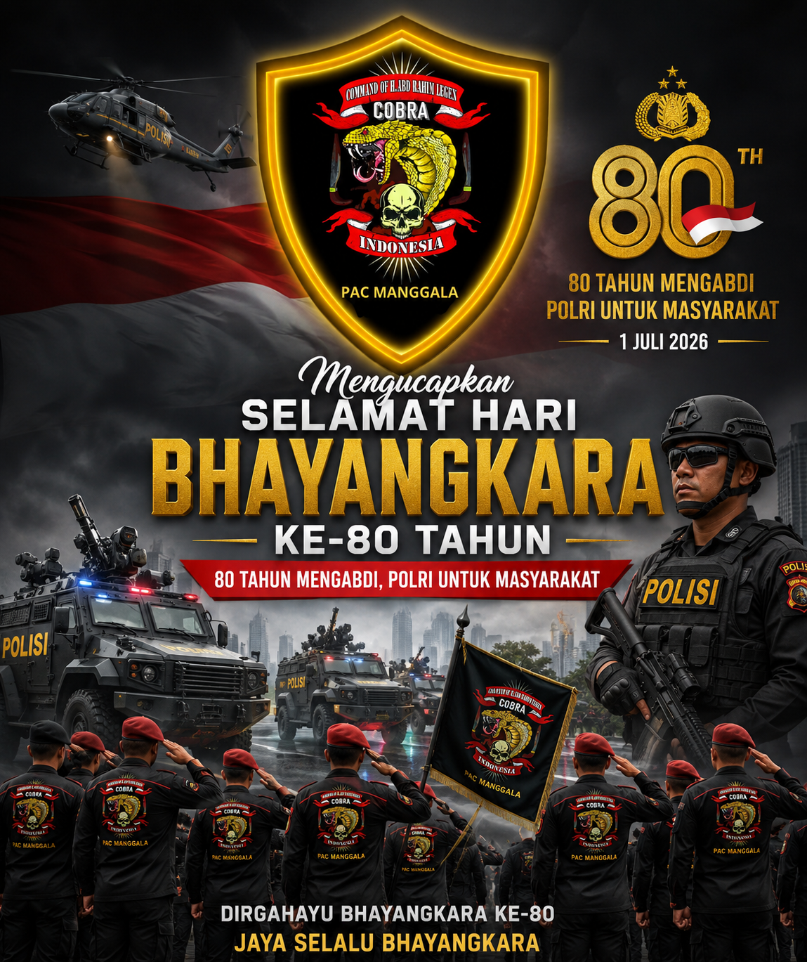 DIRGAHAYU BHAYANGKARA KE-80 TAHUN: 80 TAHUN MENGABDI, POLRI UNTUK MASYARAKAT