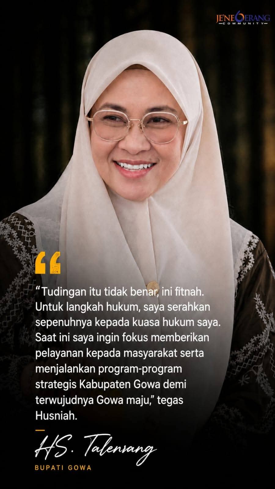 Bupati Gowa Husniah Talenrang Tegaskan Isu Perselingkuhan Adalah Fitnah